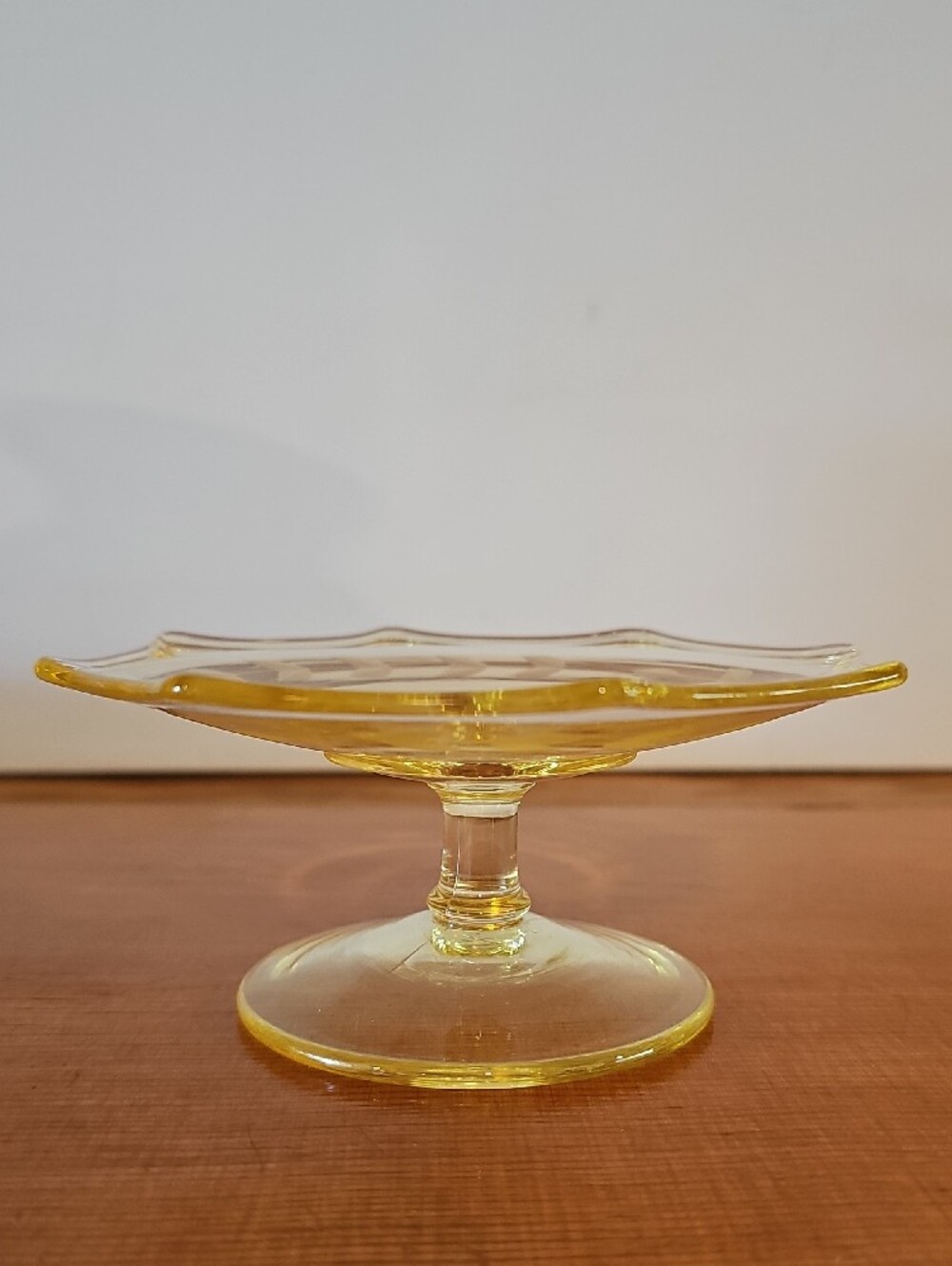 Vintage Tiffin Glass Co. 60s Yellow Etched Glass Pedestal Plate - Retro Plate